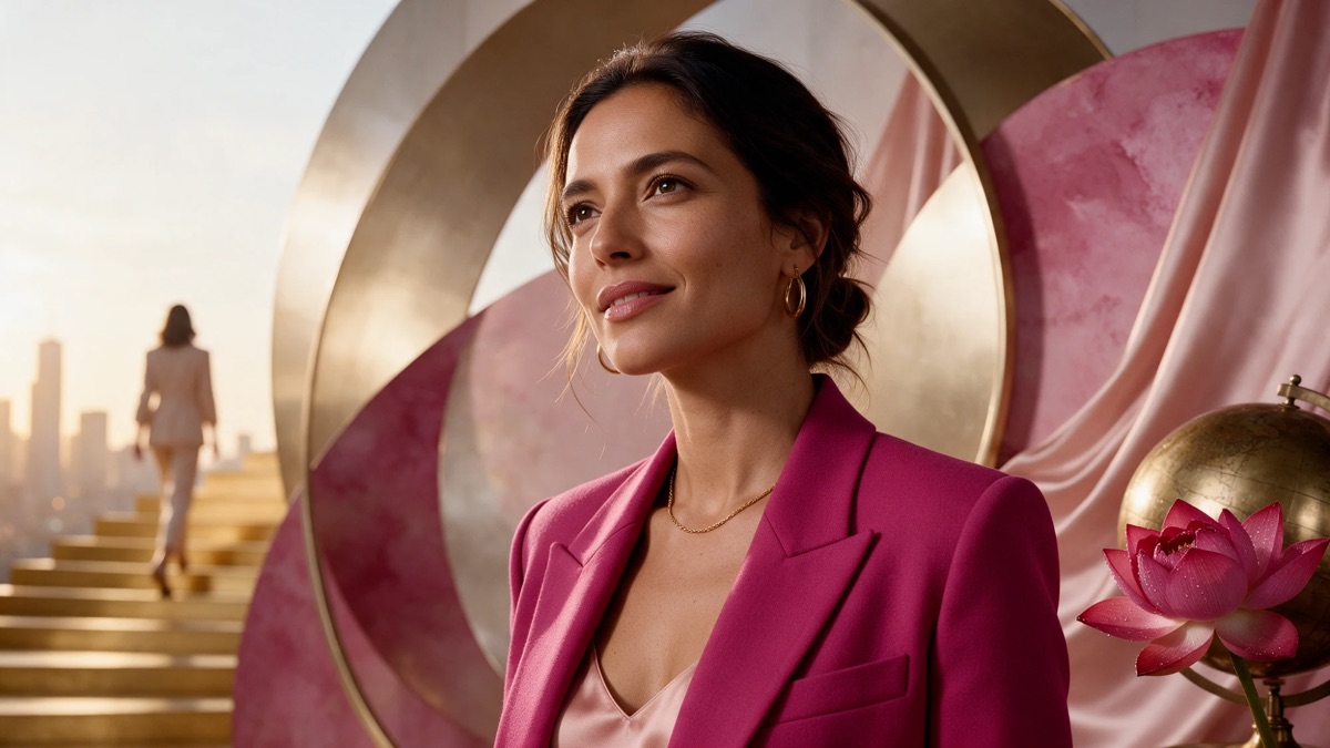 Frau im magentafarbenen Blazer vor einem goldenen Kreis, im Hintergrund eine Treppe und die Stadt im Morgenlicht