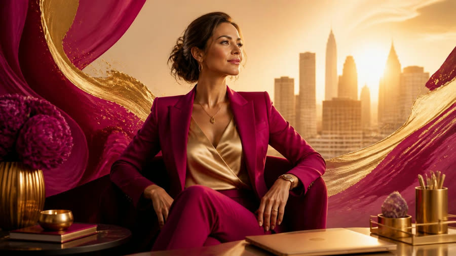 Frau im Magenta-Anzug vor goldener Skyline, ruhig und aufrecht